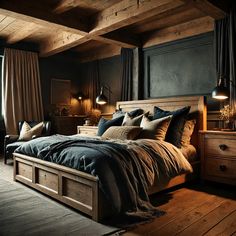 a large bed sitting inside of a bedroom next to a wooden floor covered in pillows