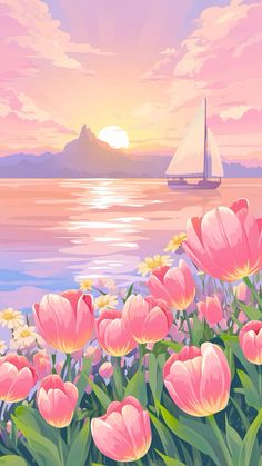 a painting of pink flowers and a sailboat on the water in front of a sunset