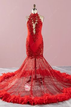 stunning red beaded lace and feather train prom dress American Prom, Prom Dress With Train, Red Mermaid, Dress Train, Long Train, Glam Looks, Prom Night, Mermaid Fashion, Dress Silhouette