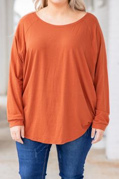 top, slouchy, solid, rust, long sleeve, curved hem, comfy, round neck Casual Batwing Sleeve Tunic For Fall, Rust Long Sleeve Tops For Fall, Long Sleeve Brown Tunic For Fall, Brown Long Sleeve Tunic For Fall, Glam Accessories, Chic Soul, Dolman Sleeve, Fall And Winter, The Fall