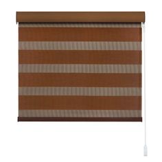 a brown and tan roman blind with horizontal stripes on the bottom, in front of a white background