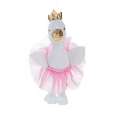 a stuffed duck wearing a pink tutu with a gold crown