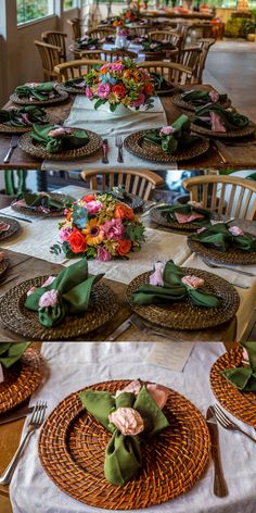 the table is set with green napkins and flowers