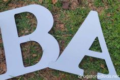 the letters b and a are cut out of wood sitting in the grass with leaves around them