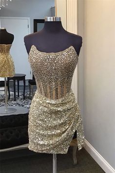 Strapless Golden Beaded Sequin Bodycon Short Homecoming Dress Embellished Evening Dress With Fitted Bodice, Glamorous Fitted Evening Dress With Boned Bodice, Sleeveless Party Bodycon Dress With Boned Bodice, Party Sequin Dress With Rhinestones And Fitted Bodice, Sleeveless Sequin Corset Dress For Wedding, Glamorous Sequin Dress With Corset Back For Cocktail, Glamorous Fitted Dress With Boned Bodice, Elegant Sleeveless Sequin Corset Dress, Glamorous Backless Dress With Sheer Bodice