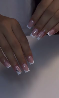 Unique Acrylic Nails, French Tip Acrylic Nails, Short Square Acrylic French Tips With Hearts Acrylic, French Acrylics With Design, Glitter Detail Nails, Summer Nail Set Ideas, Small Square Nails French Tip, White Prom Nails Acrylic Short, White Fresh Tip Nails, Small Square Acrylic Nails, Square French Tip With Gems