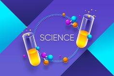 an image of science with two test tubes and bubbles on purple and blue geometric background