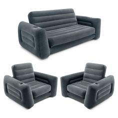 three different views of an inflatable couch and chair with the seat facing forward