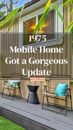 the front porch with chairs and table next to it is featured in an article about mobile home got a gorgeous update