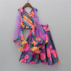 Stylish Diagonal Gota Lace Work Striped Multicolour Cape Top And Floral Printed Palazzo Summer Multicolor Tassel Sets, Summer Festive Sets With Tassels, Festive Summer Sets With Tassels, Traditional Summer Sets With Back Tassel Tie-up, Pink Tassel Sets For Navratri, Pink Tassel Party Set, Pink Party Sets With Tassels, Spring Party Sets With Tassels, Festive Multicolor Ruffled Choli