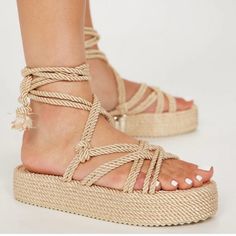 Never Worn Summer Flat Platform Lace-up Sandals, Spring Flat Platform Lace-up Sandals, Flat Platform Lace-up Sandals For The Beach, Beige Toe Post Heels For Vacation, Green Flip Flops, Clear Sandals, Summer Sandals Flat, Fashion Nova Shoes, Buckles Fashion