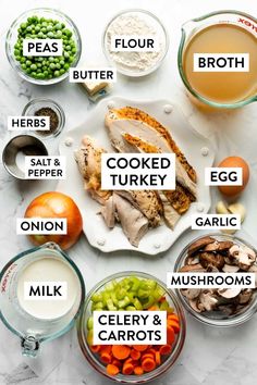 the ingredients for this meal are labeled in different font and numbers, including eggs, carrots, peas, butter, chicken, milk, broth