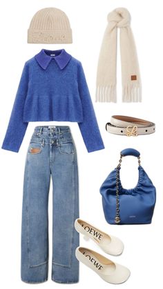 #loewe #bluesweater #bluepurse #creamscarf #whitescarf #loewejeans #jeans #creambelt #whitebelt Sweater With Jeans Outfit, Loewe Outfit, Blue Jeans Outfit Winter, Casual Fall Fits, Magazine Outfits, Lucy Outfits, Uk Winter, Slay The Day, Ootd Winter