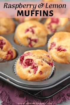 raspberry and lemon muffins in a muffin tin with text overlay