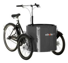 an electric bike with a basket attached to the front and back wheel, on a white background