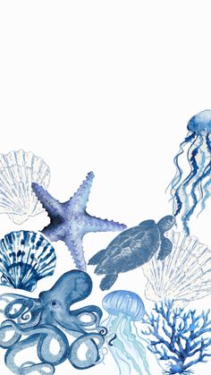 an ocean scene with jellyfish, sea stars and other marine creatures on white paper