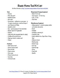 the basic home tool list is shown in this document, which includes tools and instructions