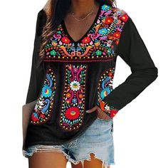 PRICES MAY VARY. Made from premium fabric, this long sleeve embroidered peasant blouse for women is very soft and breathable, the lining is so friendly to your skin, super cozy to touch and extremely comfortable to wear for whole day. Featuring long sleeve, v neck and crewneck style to choose, floral embroidery, casual sloose fit silhouette, this long sleeve floral embroidered mexican shirts for women is so fashionable, the embroidered flower on the top is so delicate and very eye-catching. This Embroidered Tops, Mexican Shirts, Harajuku Women, Patch Work Blouse, Casual Wear Women, Spring Outfits Women, Women's Wear, Tee Outfit, Floral Print Shorts