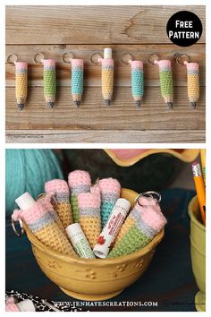 crocheted toothbrush holders hanging from hooks on a wall and in a basket