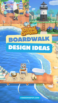 the animal crossing board walk design ideas is displayed in front of a beach scene with chairs and