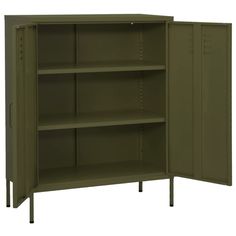 a green metal storage cabinet with two shelves and one door open to reveal the contents