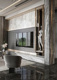 an elegant living room with marble walls and flooring is pictured in this rendering image