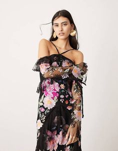 Cold Shoulder Summer Evening Dresses, Embroidered Maxi Dress For Summer Evening, Spring Fitted Cold Shoulder Maxi Dress, Chic Cold Shoulder Maxi Dress For Spring, Spring Cold Shoulder Evening Dresses, Spring Evening Dresses With Cold Shoulder, Black Cold Shoulder Summer Dress, Spring Cold Shoulder Ruffle Dress, Spring Cold Shoulder Ruffled Dresses