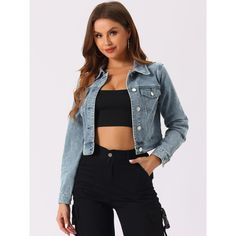 Main: 94% cotton, 6% polyester; Trims: 97% polyester, 3 percent of spandex. A cool trendy jacket is effortless to be paired perfectly with high-waist jeans for a charming and stylish impression. This wardrobe-essential denim jacket is designed with a cropped fitted silhouette, which looks like a vintage-store score. This jacket looks like it's straight out of the ‘90s. This cropped denim jacket is detailed with chest patch pockets and looks cool and trendy. Casual Single-breasted Button-up Cropped Jacket, Trendy Denim Outerwear With Button Cuffs, Casual Spring Denim Jacket With Button Cuffs, Trendy Spring Outerwear With Button Cuffs, Spring Long Sleeve Denim Jacket With Button Cuffs, Spring Denim Jacket With Button Cuffs, Trendy Fitted Cropped Jacket With Button Closure, Denim Jacket With Button Cuffs For Spring, Fitted Blue Cropped Cotton Jacket