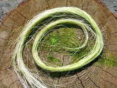 green and white yarn sitting on top of a tree stump