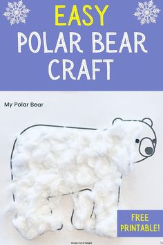 polar bear craft for kids - a polar bear template with cotton balls glued to it Polar Bear Craft Preschool, Winter Animals Preschool Activities, Polar Bear Activities, Polar Bear Printable, Polar Bears Preschool, Bear Crafts Preschool, January Preschool Themes