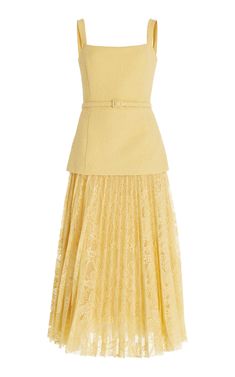 Pleated Tweed-Lace Midi Dress By Oscar De La Renta | Moda Operandi Cloth Folding, Skirt Shapewear, Myanmar Dress, Yellow Midi Dress, Wales Bonner, Fantasy Gowns, Maxi Styles, Lace Midi, Lace Midi Dress