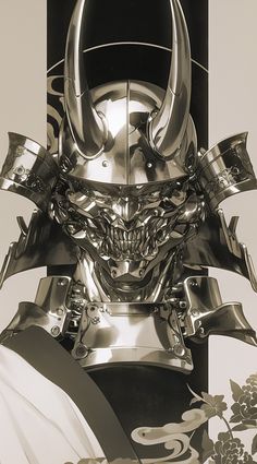 a close up of a metal mask with horns