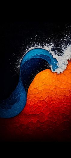 an orange and blue wave with white foam on the top is seen in this image