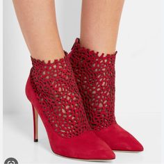 Nwt, Size 37 / 6,5 And 6 Us Jimmy Choo’s Suede ‘Maurice’ Boots Are Intricately Laser-Cut To Create A Graphic Perforated Effect. The Sharp Pointed Toe And Slim Stiletto Heel Add To The Sleek And Modern Feel. Make The Bold Red Hue Pop Against Pale Denim. Heel 4’ Lined Up With Red Leather Very Comfortable And Soft One Shoe Is Slightly Lighter Shade Of Red Than The Other, Barely Visible But Worth Noting. Luxury Elegant Heeled Boots With Red Sole, Luxury Red Sole Heeled Boots For Party, Luxury Heeled Boots With Red Sole And Pointed Toe, Elegant Red Ankle Boot Heels, Elegant Spring Boots With Red Sole, Red Ankle Boots, Leather High Heel Boots, Jimmy Choo Heels, Red High