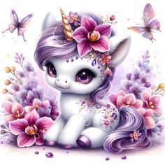 a cute little unicorn with flowers and butterflies