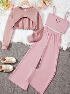 Pink Casual Collar Long Sleeve  Heart  Embellished Slight Stretch  Tween Girls Clothing Cute Outfits With Shorts, Crop Pullover, Casual Outfits For Teens