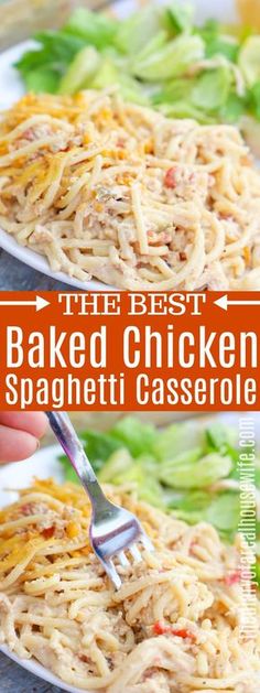 the best baked chicken spaghetti casserole recipe on a white plate with a fork