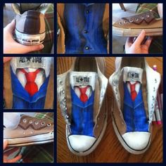 there are many pictures of shoes painted to look like superman's suit and tie