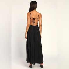 Nwt Lulu Black Backless Maxi Dress. Never Worn, Beautiful Flowing Dress. Spring Black Backless Dress With Tie Back, Black Backless Maxi Dress With Tie Back, Black Backless Dress For Vacation, Backless Black Maxi Dress For Beach, Black Sleeveless Backless Dress For Vacation, Vacation Black Backless Dress With Tie Back, Black Backless Tie-back Dress For Vacation, Black Tie-back Backless Dress For Vacation, Spring Black Backless Beach Dress