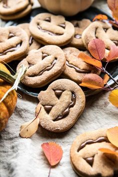 cookies with chocolate frosting and fall leaves on a table next to pumpkins, gourds and other autumn decorations