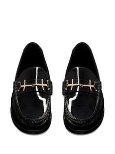 100% Calf Luxury Black Loafers With Buckle Closure, Black Loafers With Metal Pin Buckle For Fall, Black Classic Loafers With Metal Pin Buckle, Classic Black Loafers With Metal Pin Buckle, Black Patent Leather Loafers With Metal Feet, Black Patent Leather Loafers With Buckle Closure, Elegant Black Loafers With Buckle Closure, Luxury Black Loafers With Metal Details, Luxury Black Loafers With Metal Feet