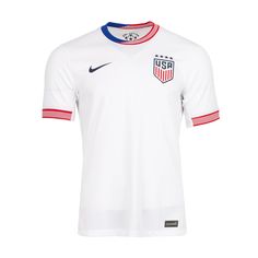 Show you're a true fan in the Nike USA 24/25 Stadium Home Men's Jersey. This jersey bears the Nike brand and mirrors the design of the team's away jerseys. Plus, with its form-fitting cut, it looks just as good as it feels comfortable. Home jersey. USA team-themed. Nike-branded. Form-fitting. Soccer Shop, White Kicks, Comfortable Home, Nike Brand, Backpack Sport, Cut It, Football Jersey, Short Jacket, Football Jerseys