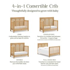 the baby crib is shown with instructions for how to put it in and out