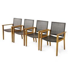 four chairs with woven seats and wooden frames