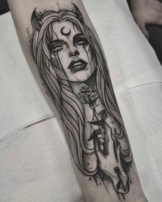 Dark Disney Tattoo, Dark Feminine Tattoos, Gotik Tattoo, Feminine Skull Tattoos, Face Tattoos For Women, Mystical Tattoos, Feminine Tattoo Sleeves, Demon Tattoo, Goddess Tattoo