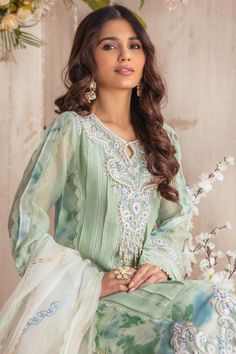 Sea Salt | Pakistani Designer Outfit | Sarosh Salman Net Sleeves, Top Net, Asim Jofa, Shirt Trouser, Embroidered Chiffon, Pure Chiffon, Pistachio Green, Silk Trousers, Lawn Suits