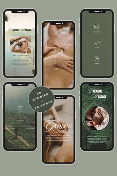 four cell phones showing different images of women in the woods, with text overlaying them