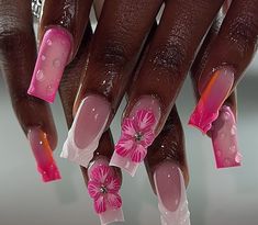 Bratz Nails Art, Pink Tropical Nails, Hot Pink Prom Nails, Bratz Inspired Nails, Hot Pink Birthday Nails, Hot Pink Acrylic Nails, Bratz Nails, Nessa Nails, Length Nails