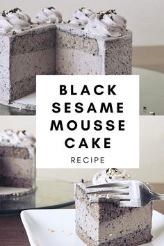 the black sesame mousse cake is ready to be eaten with a knife and fork