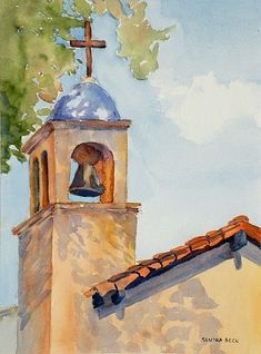 a watercolor painting of a church bell tower with a cross on it's roof